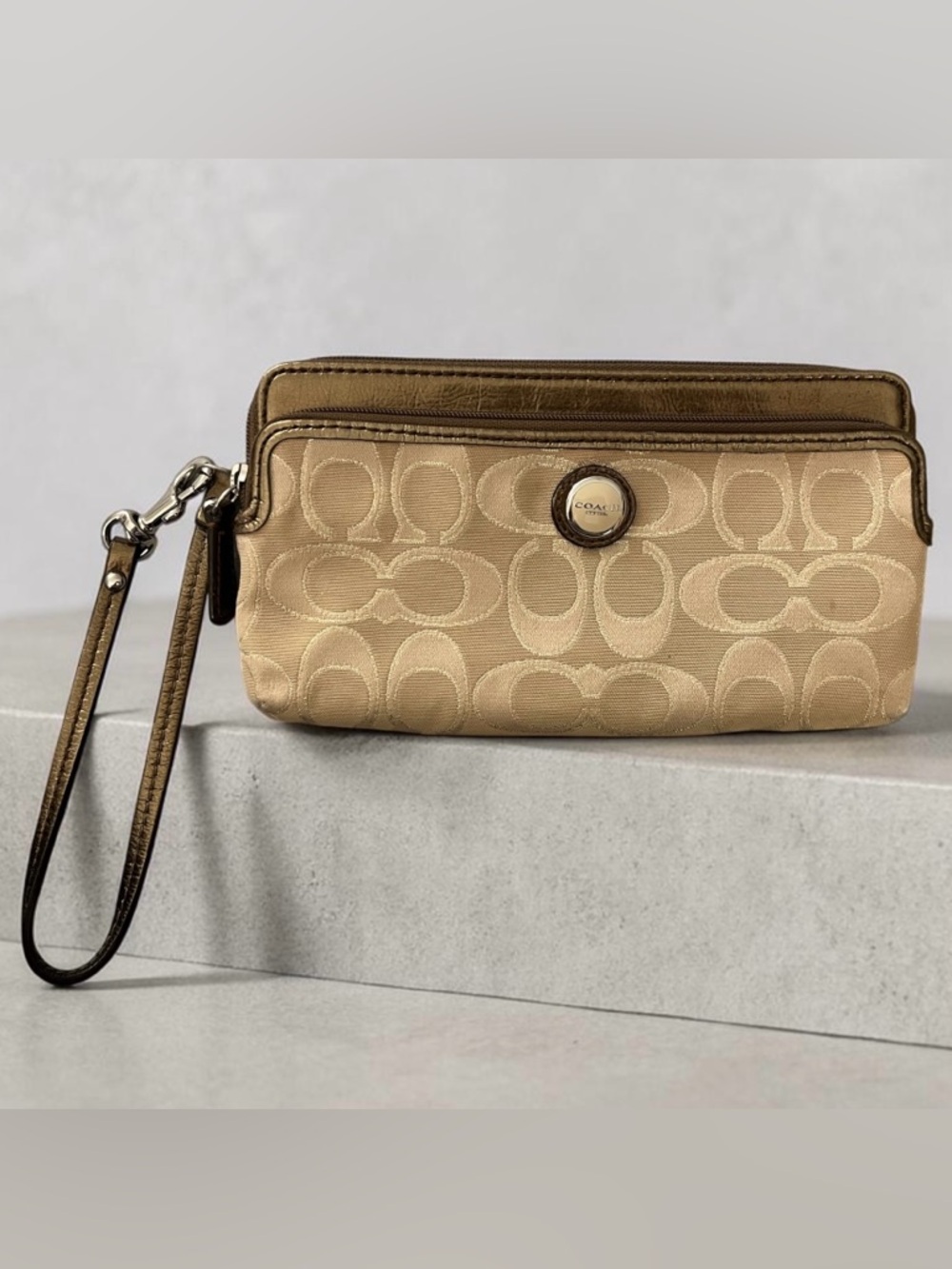 Coach Beige Double Zip Wristlet with Metallic - Signature C design